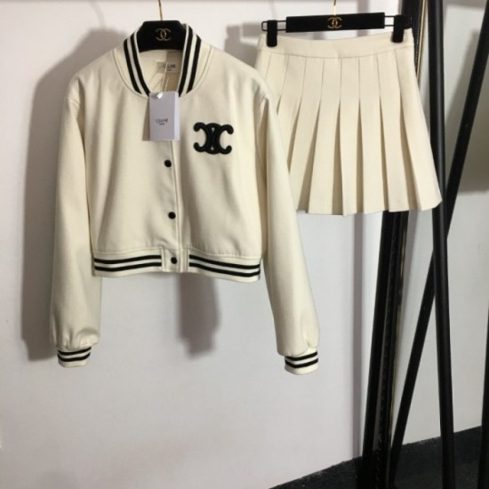 CELINE Celine Spring Summer New 2023SS Jacket + Pleated Skirt Top and Bottom Set